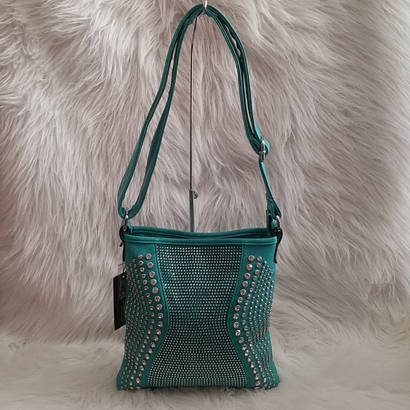 BRILLIANT TURQUOISE RHINESTONE CROSSBODY SLING - Picture 2 of 7